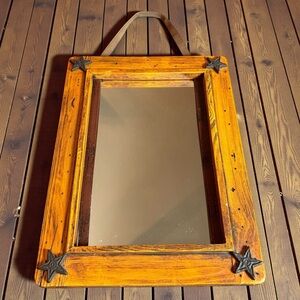 RUSTIC WESTERN WOOD FRAMED WALL MIRROR WITH METAL STAR CORNERS